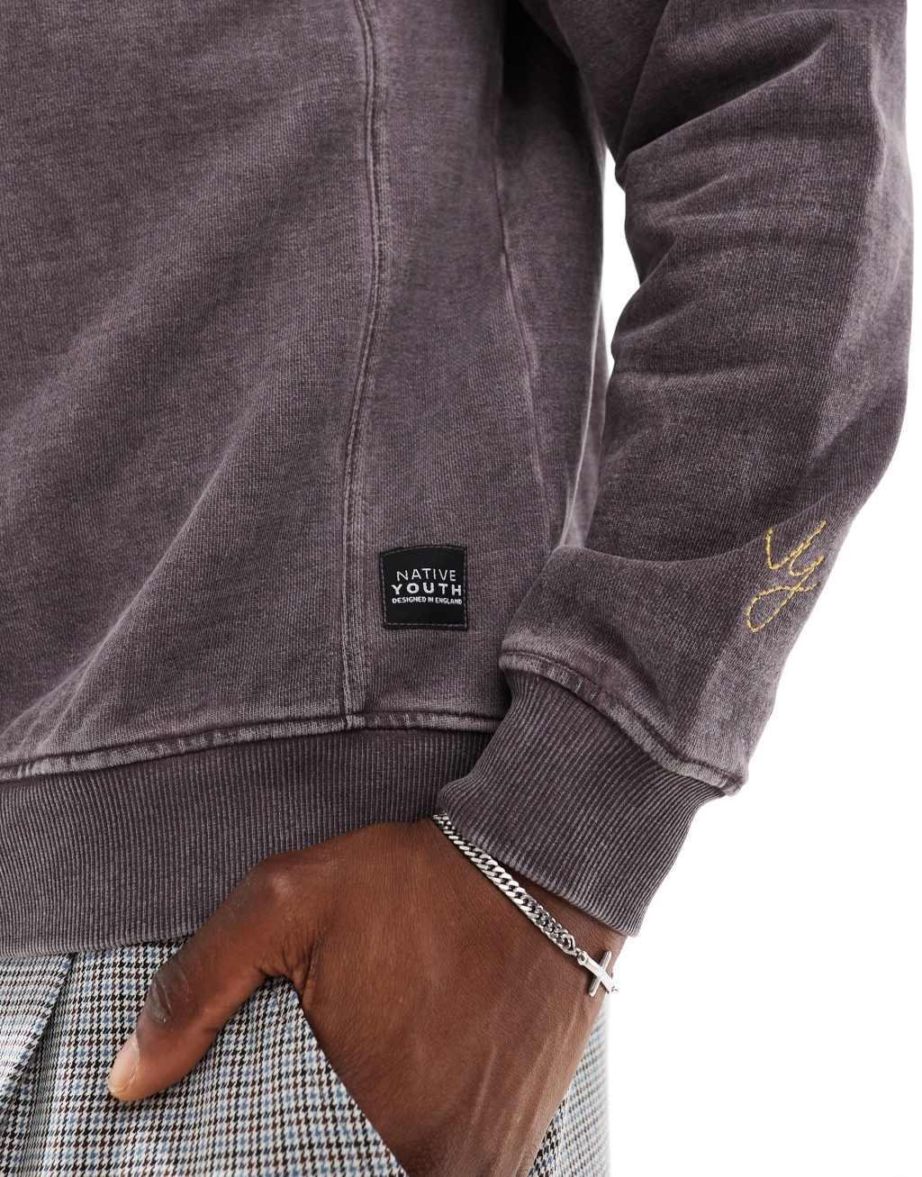 Native Youth heavy wash quarter zip sweatshirt in brown Product Image