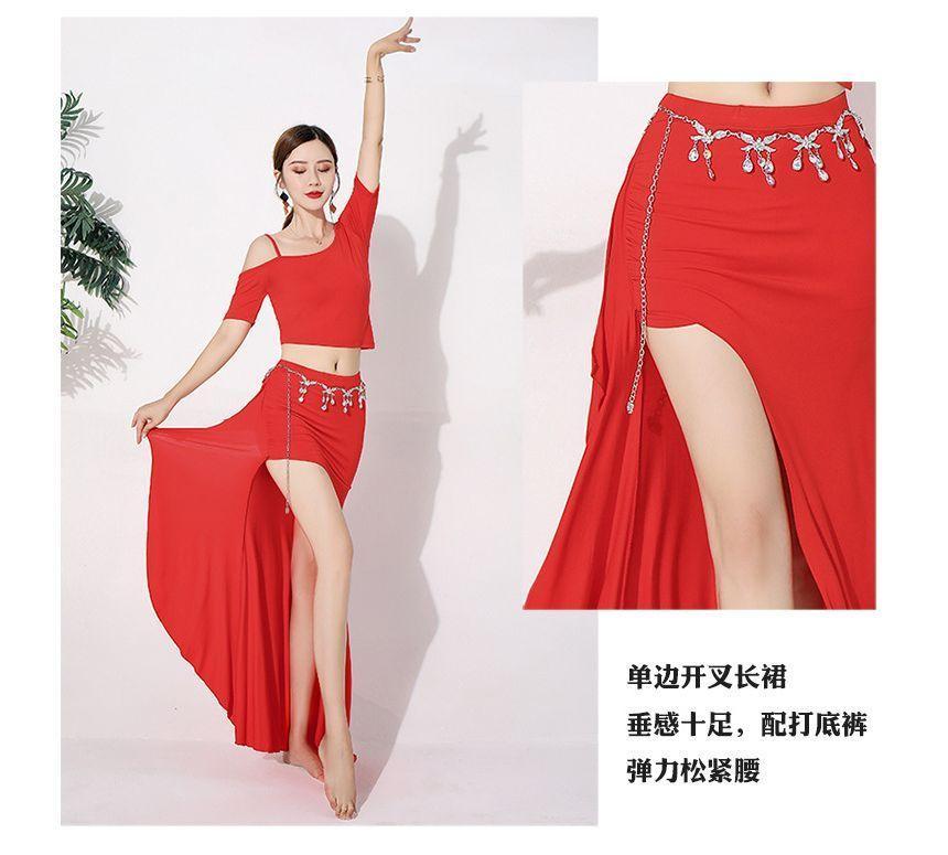Set: Short-Sleeve Cold-Shoulder Plain Crop Dance Top + Mid Rise Asymmetrical Slit Maxi Pencil Skirt Product Image