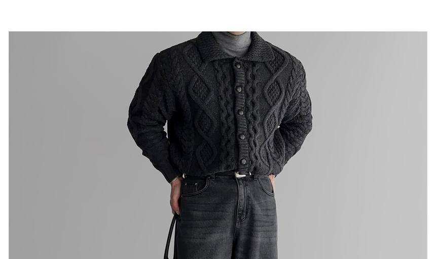 Collared Plain Cable Knit Button Cardigan Product Image