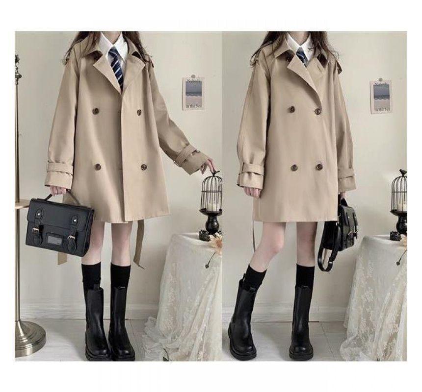 Plain Long Double-Breasted Trench Coat Product Image