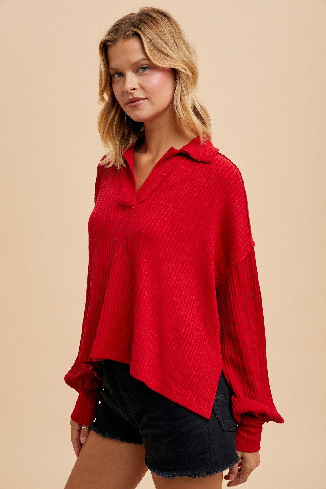 QUARTER SPLIT RIBBED POLO TOP Product Image