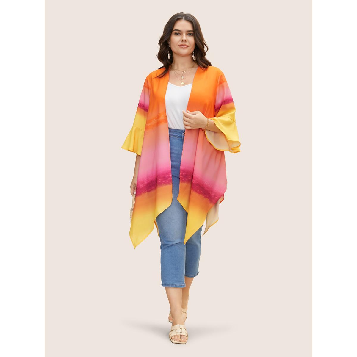 Plus Size Ombre Ruffle Sleeve Asymmetrical Hem Kimono Women Lemonyellow Resort Contrast Vacation Kimonos BloomChic 14-16/1X Product Image