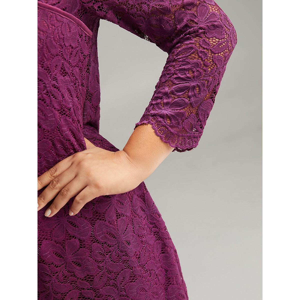 Plus Size Crochet Lace Mesh Scalloped Trim Dress Purple Women Glamour Plain V-neck Long Sleeve Curvy Knee Dress BloomChic 12/L Product Image