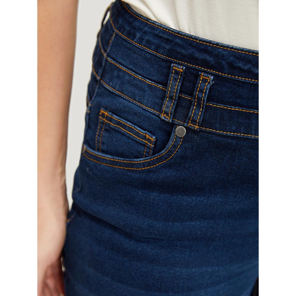 Plus Size Very Stretchy High Rise Dark Wash Layered Contrast Stitch Jeans Women DarkBlue Casual Plain Button High stretch Pocket Jeans BloomChic 30/6X Product Image