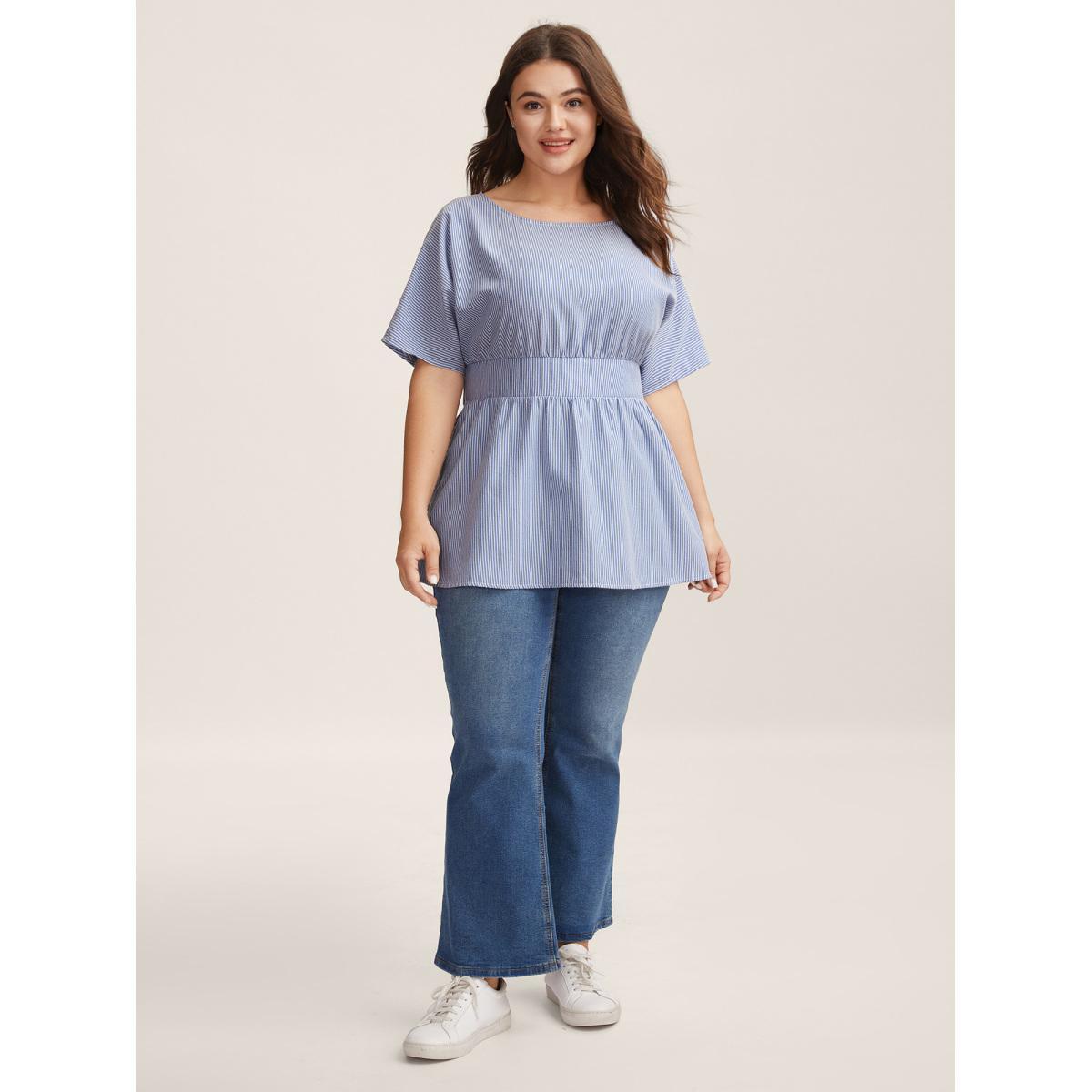 Plus Size LightBlue Backless Bow Tie Stripe Print Cinched Blouse Women Half Sleeve Boat Neck Everyday-Casual Blouses BloomChic 12/L Product Image