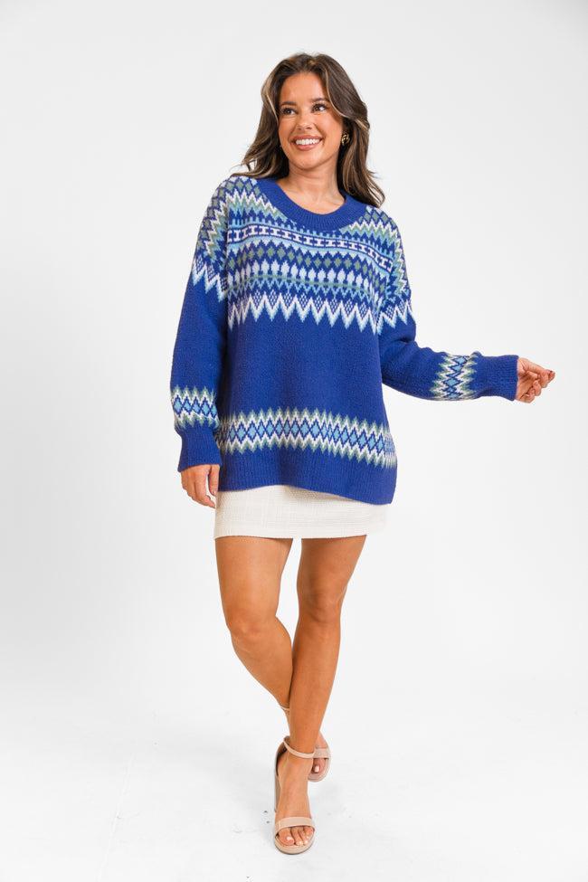 Bundled Up Navy Oversized Fuzzy Fair Isle Sweater FINAL SALE Product Image