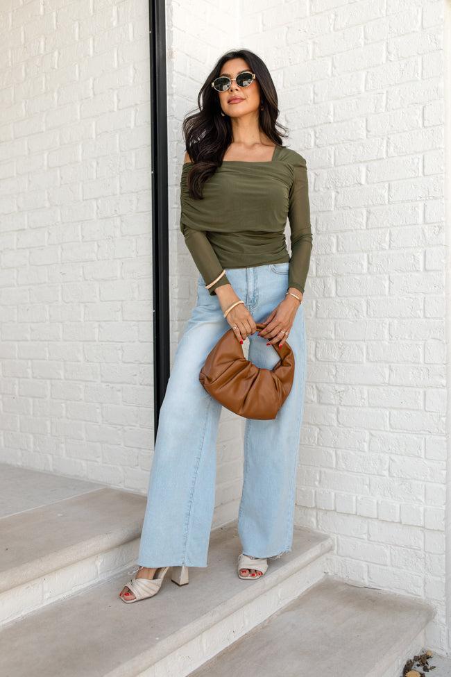 Forever Happy Olive Mesh Sleeve Draped Off The Shoulder Top FINAL SALE Product Image