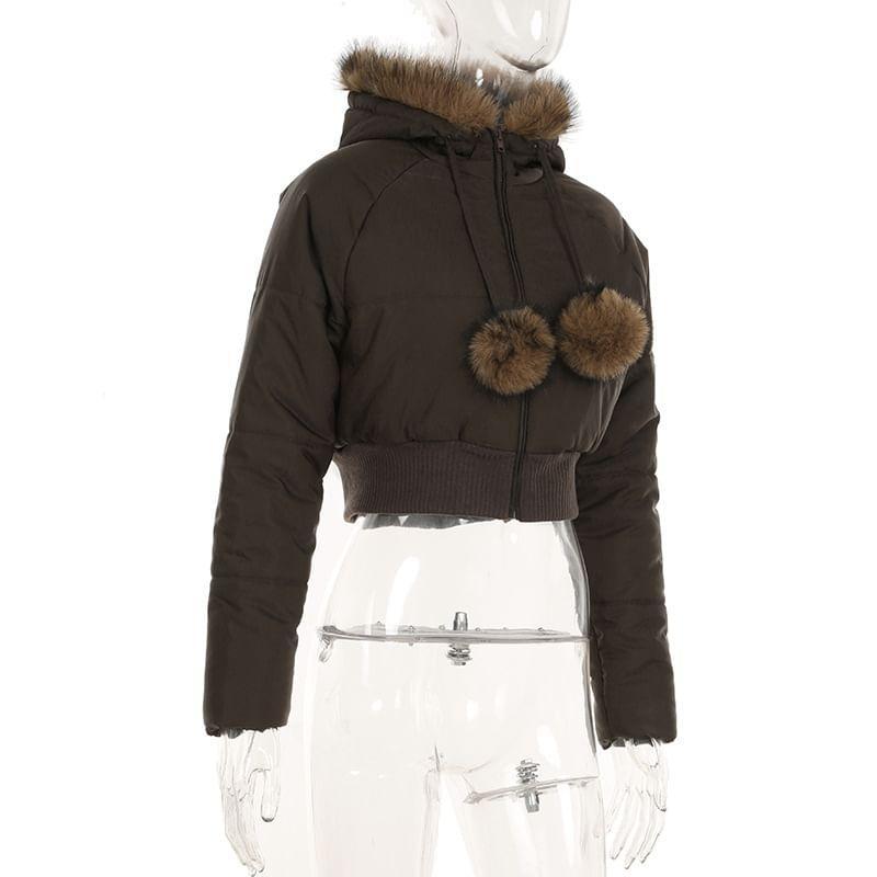 Fluffy Hooded Plain Zip Up Cropped Puffer Jacket Product Image