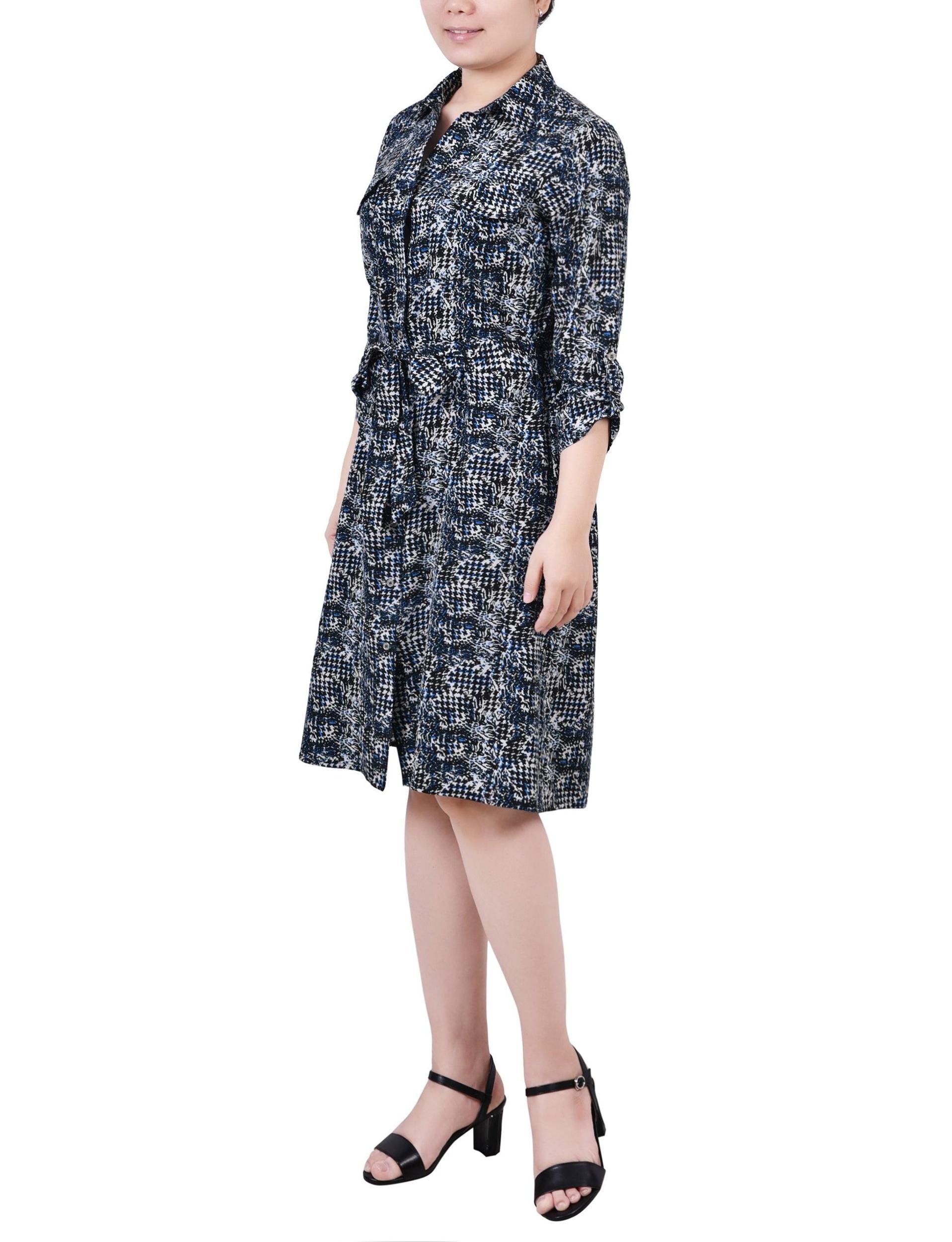 Cypress Inca Gold Navy Zigzag 3/4 Roll Tab Sleeve Belted Shirtdress - Petite Product Image