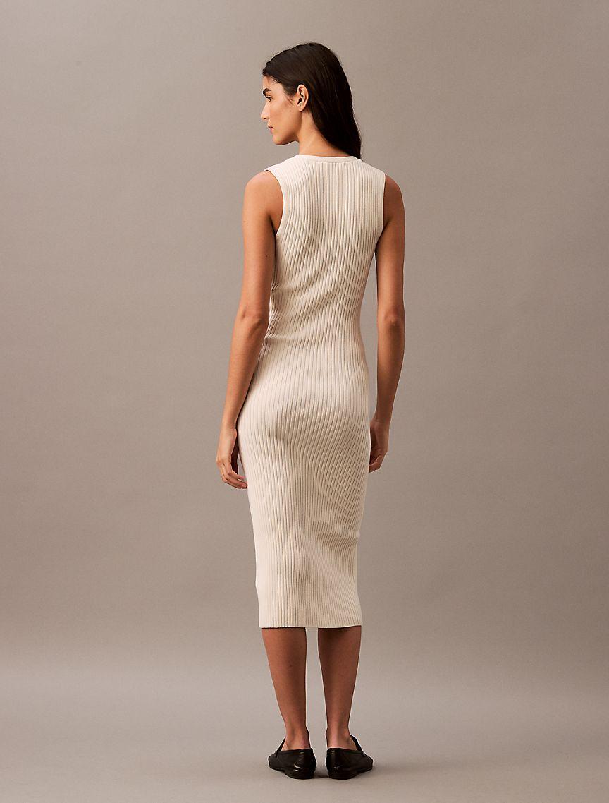 Smooth Cotton Rib Sweater Midi V-Neck Dress Product Image