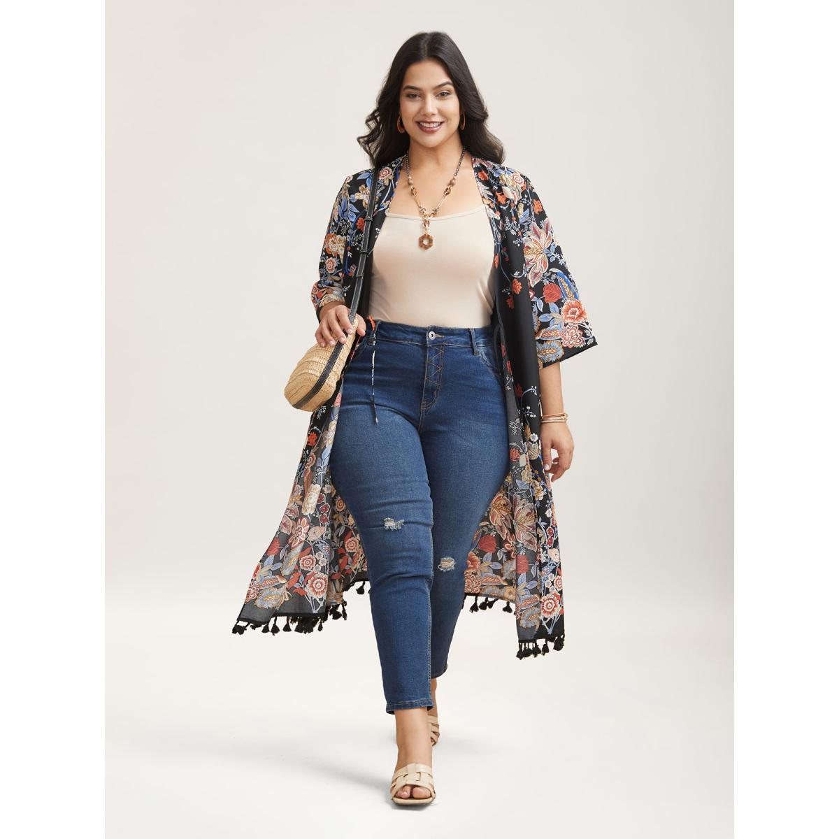 Plus Size Romantic Floral Print Vacation Kimono Cardigan Women Black Resort Tie knot Loose Vacation Kimonos BloomChic 14-16/1X Product Image