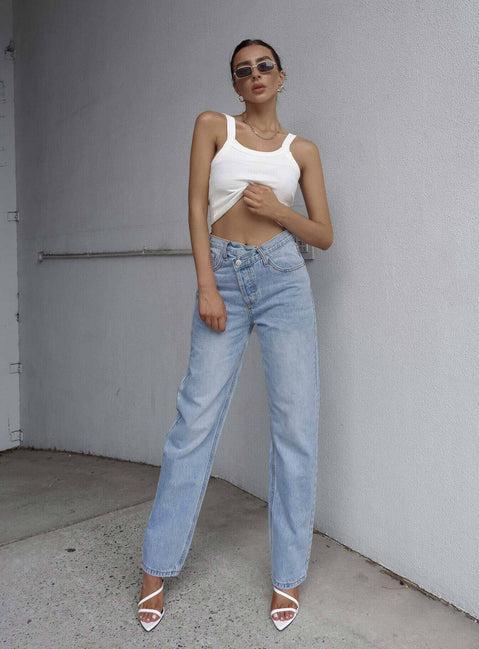 Holly Mid Rise Straight Leg Asymmetric Jean Light Wash Denim Product Image