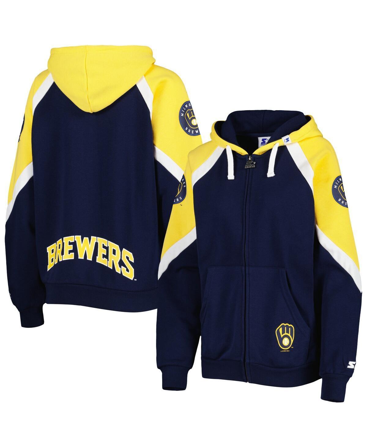 Women's Starter Navy/Gold Milwaukee Brewers Hail Mary Full-Zip Hoodie, Size: Large, Blue Product Image