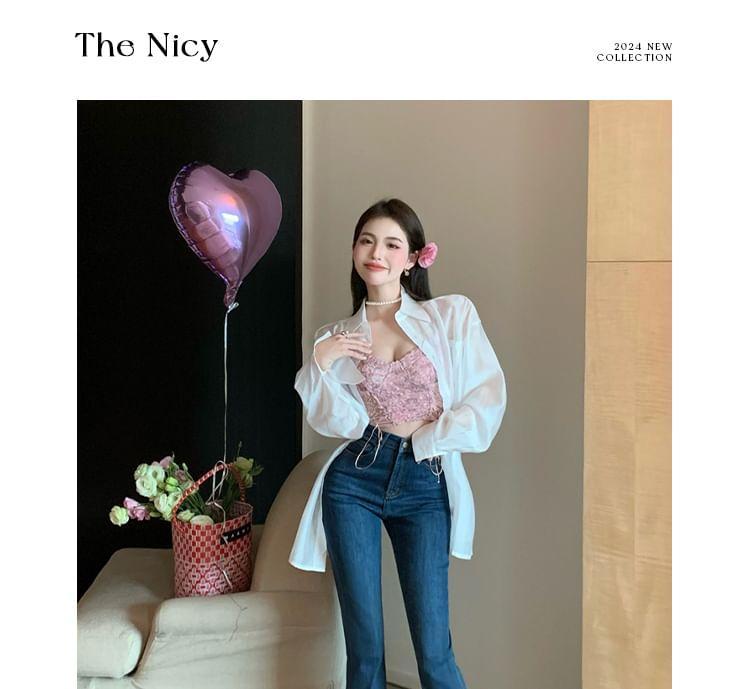 Collared Plain Oversized Shirt / High Waist Washed Flared Jeans Product Image
