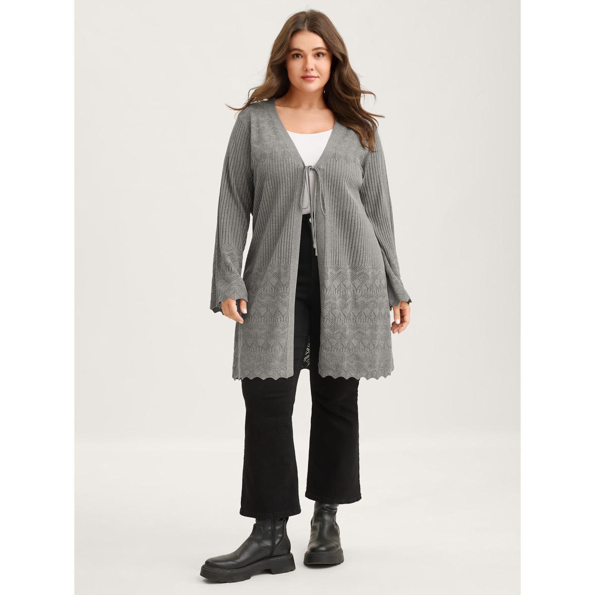 Plus Size Front Tie Textured Long Knit Cardigan DarkGray Women Loose Long Sleeve Everyday-Casual Cardigans BloomChic 26/4X Product Image