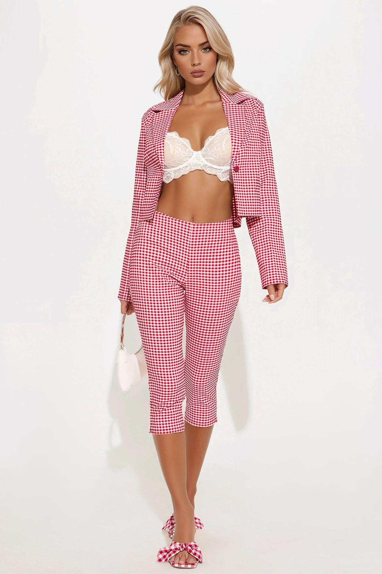 Mariana Gingham Blazer Capri Set - Red/combo Product Image