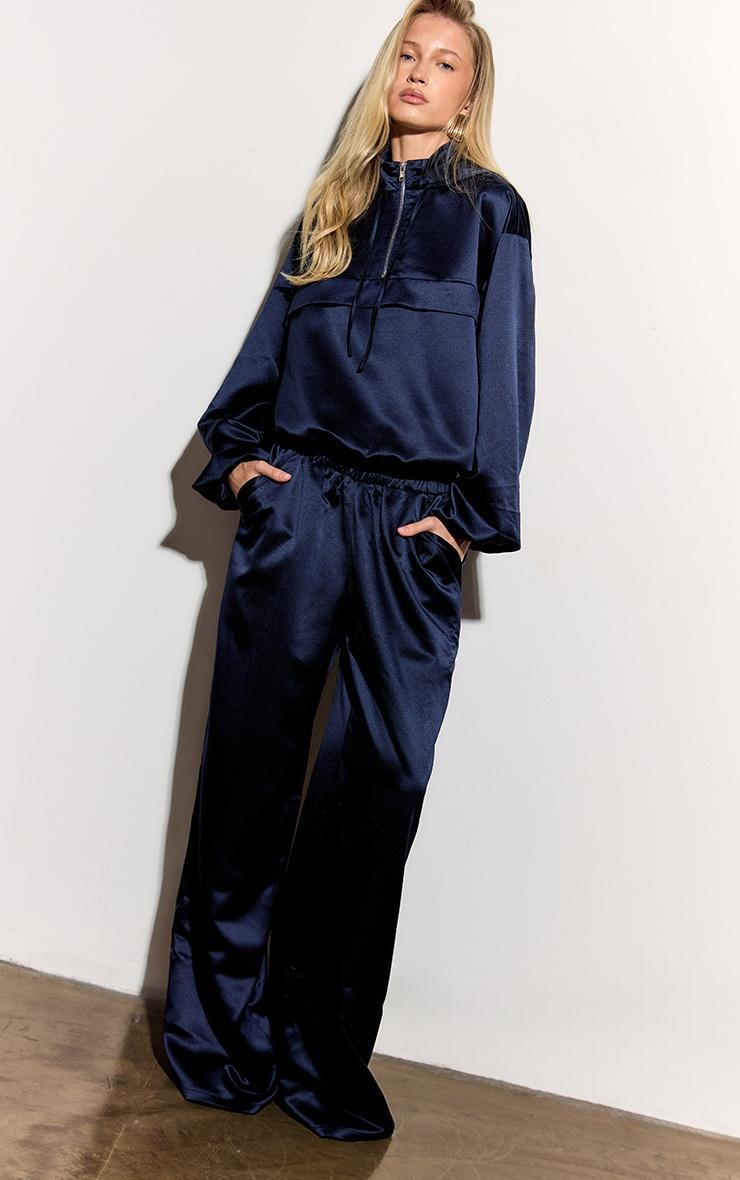 Navy Satin Wide Leg Pants Product Image