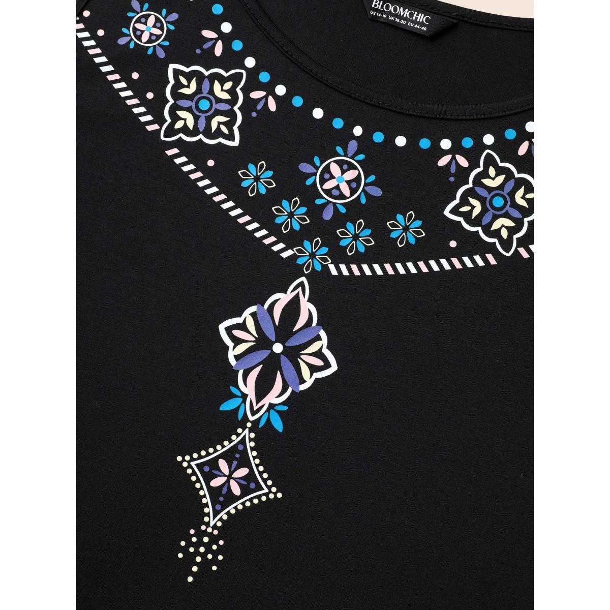 Plus Size Boho Print Stretchy Round Neck Vest Women Black Casual Non Round Neck Everyday Tank Tops Camis BloomChic 30/6X Product Image