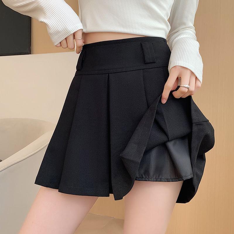 High Waist Plain Pleated Mini A-Line Skirt Product Image