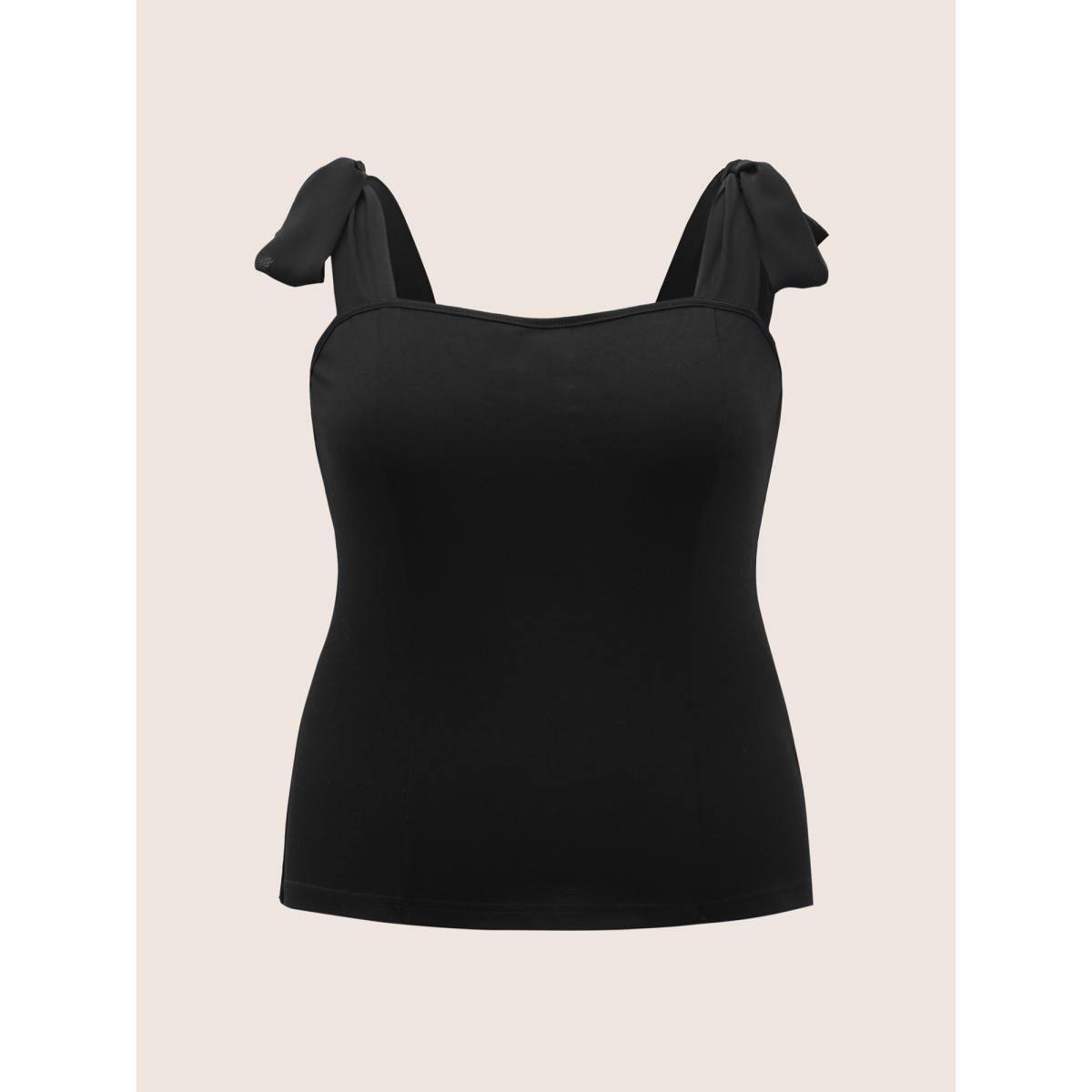 Plus Size Plain Square Neck Tie Knot Tank Top Women Black Elegant Tie knot Non Everyday Tank Tops Camis BloomChic 14-16/1X Product Image