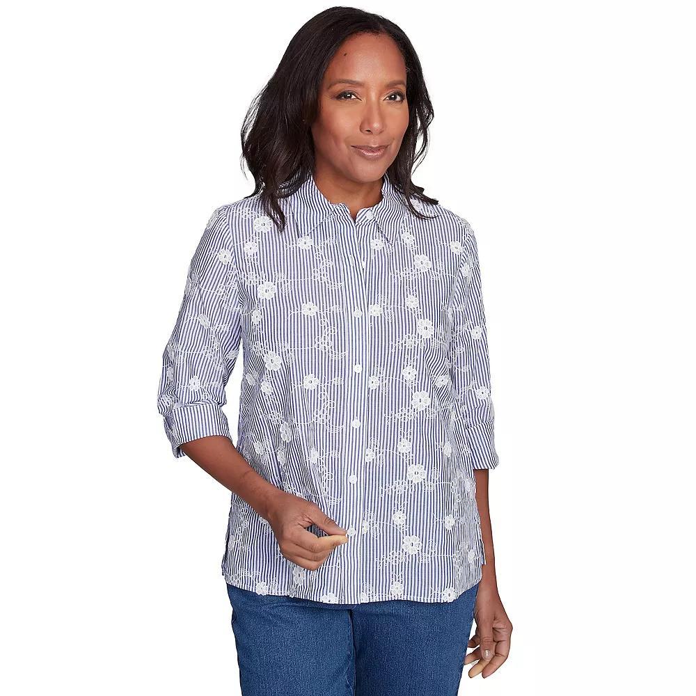 Petite Alfred Dunner Striped Breezy Floral Applique Top, Women's, Size: XL Petite, Blue Product Image