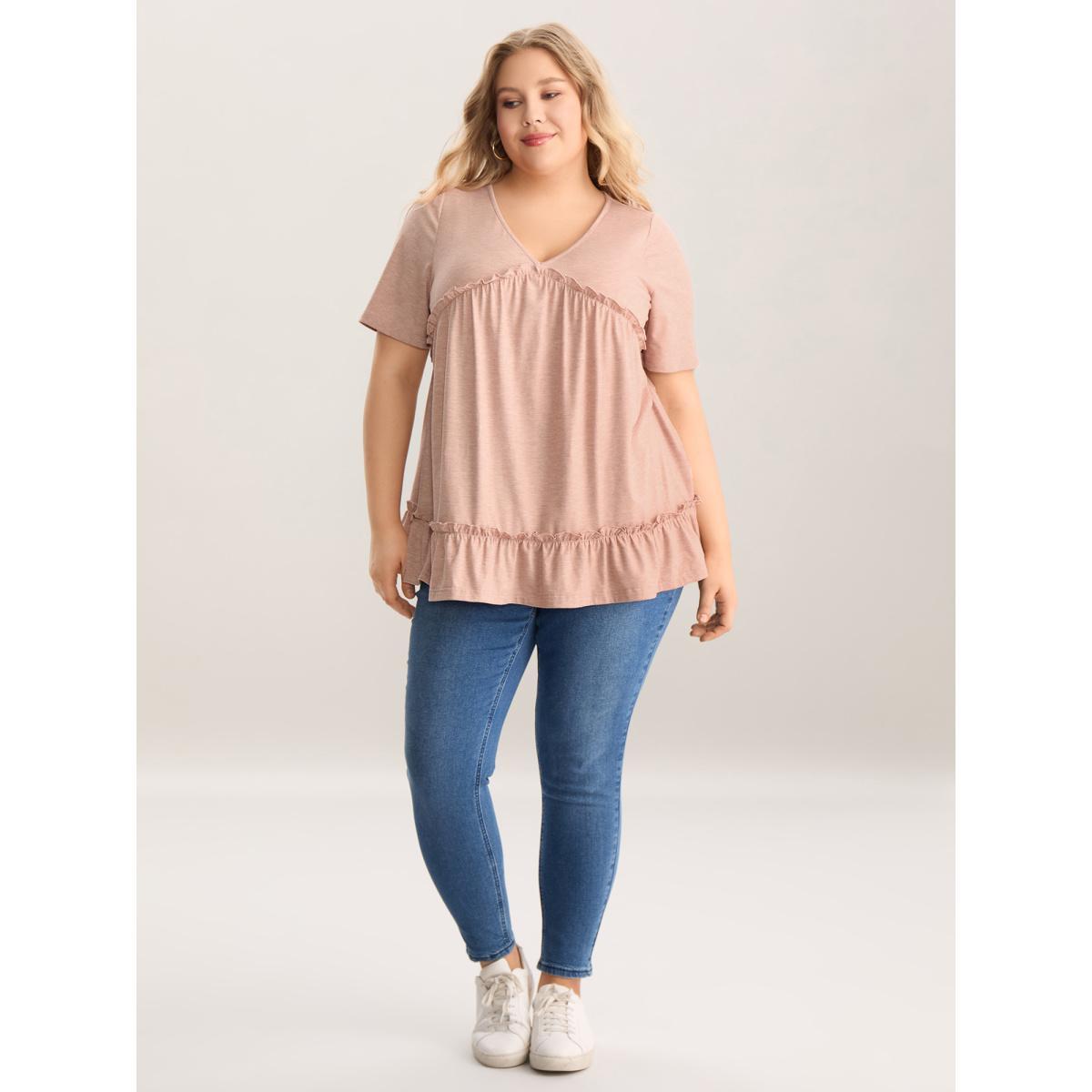 Plus Size Petal Trim Ruffled Hem Tiered T-Shirt Dirtypink Women Gathered V-neck Everyday-Casual T-shirts BloomChic 18-20/2X Product Image
