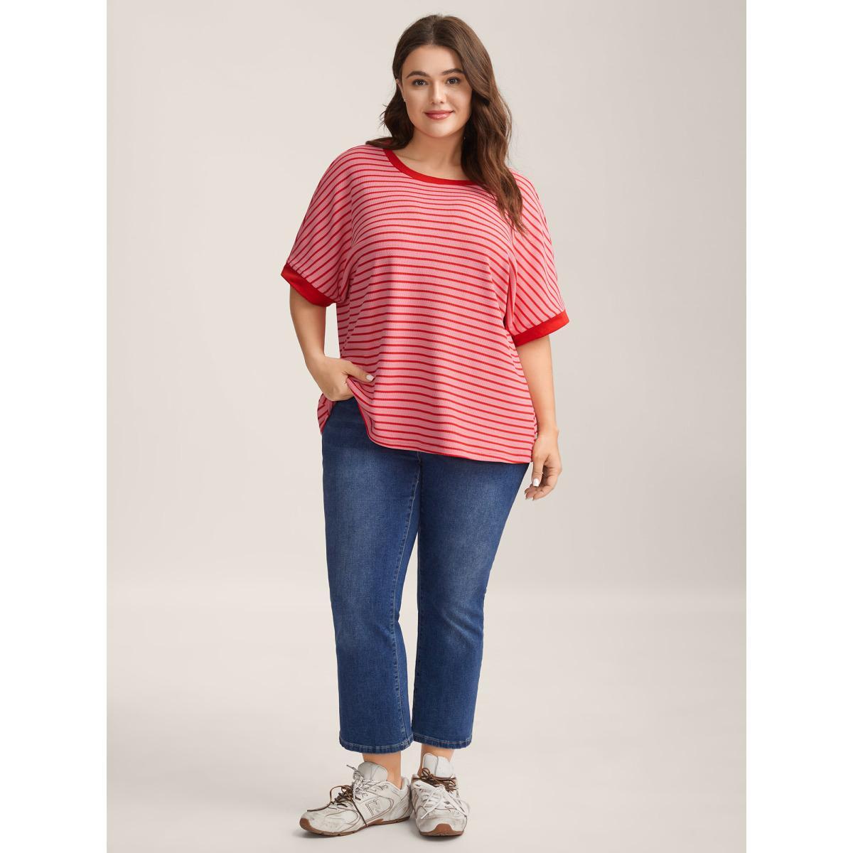 Plus Size Romantic Stripes Contrast T-Shirt Blush Women Gathered Round Neck Loose Everyday-Casual T-shirts BloomChic 18-20/2X Product Image