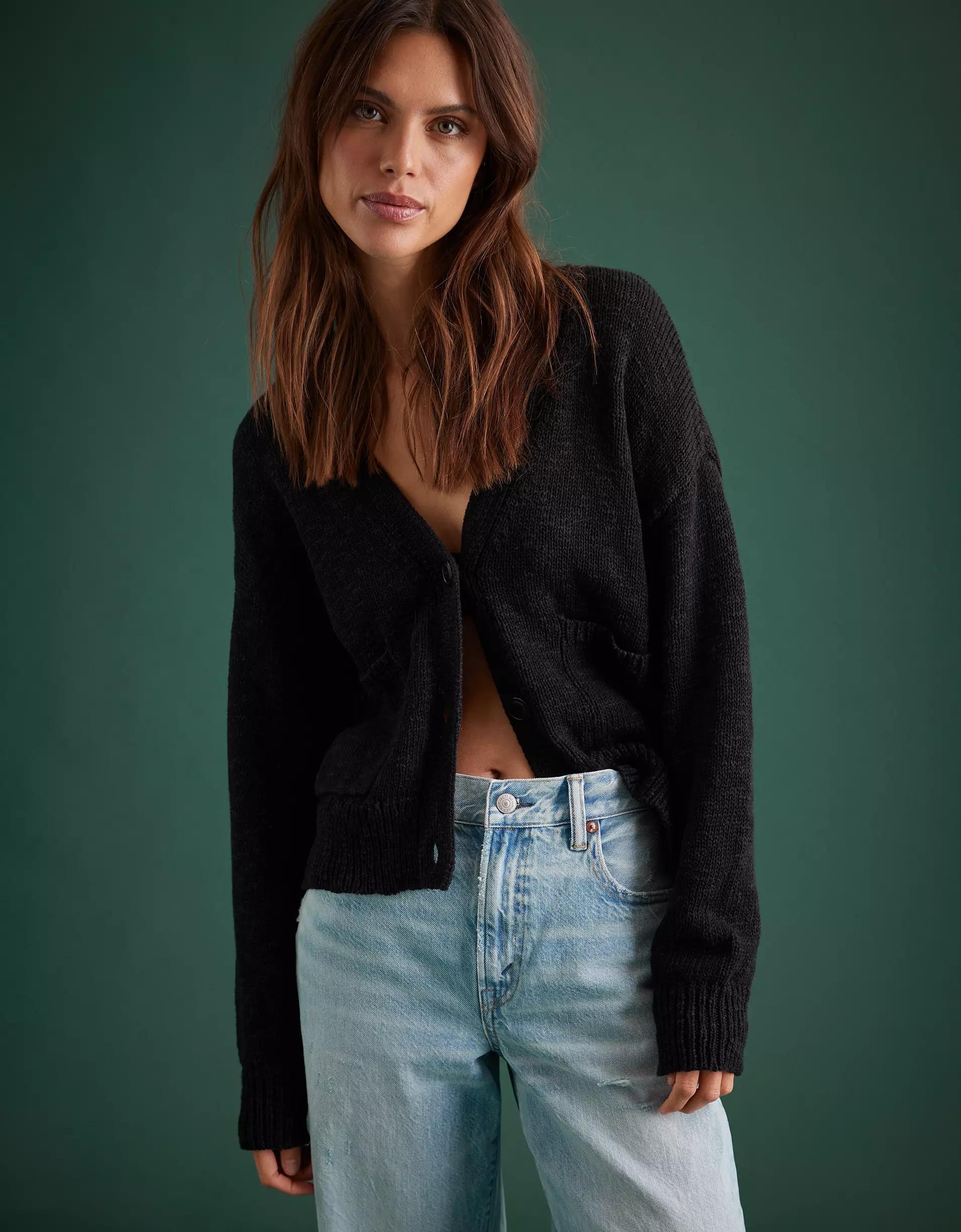 AE77 Premium Cropped Linen-Blend Sweater Cardigan Product Image