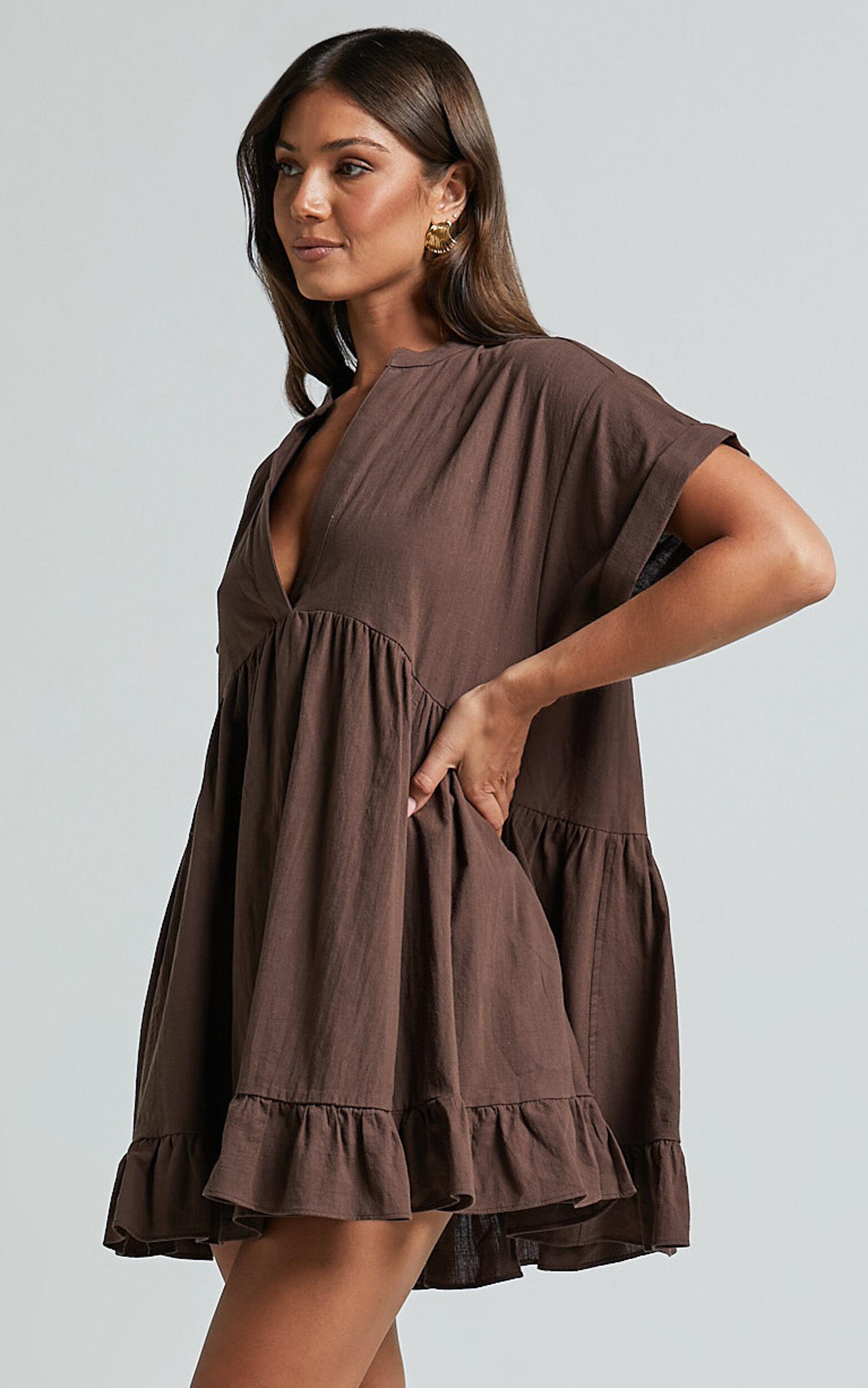 Calissa Mini Dress - Frill Hem Smock Dress in Chocolate Product Image
