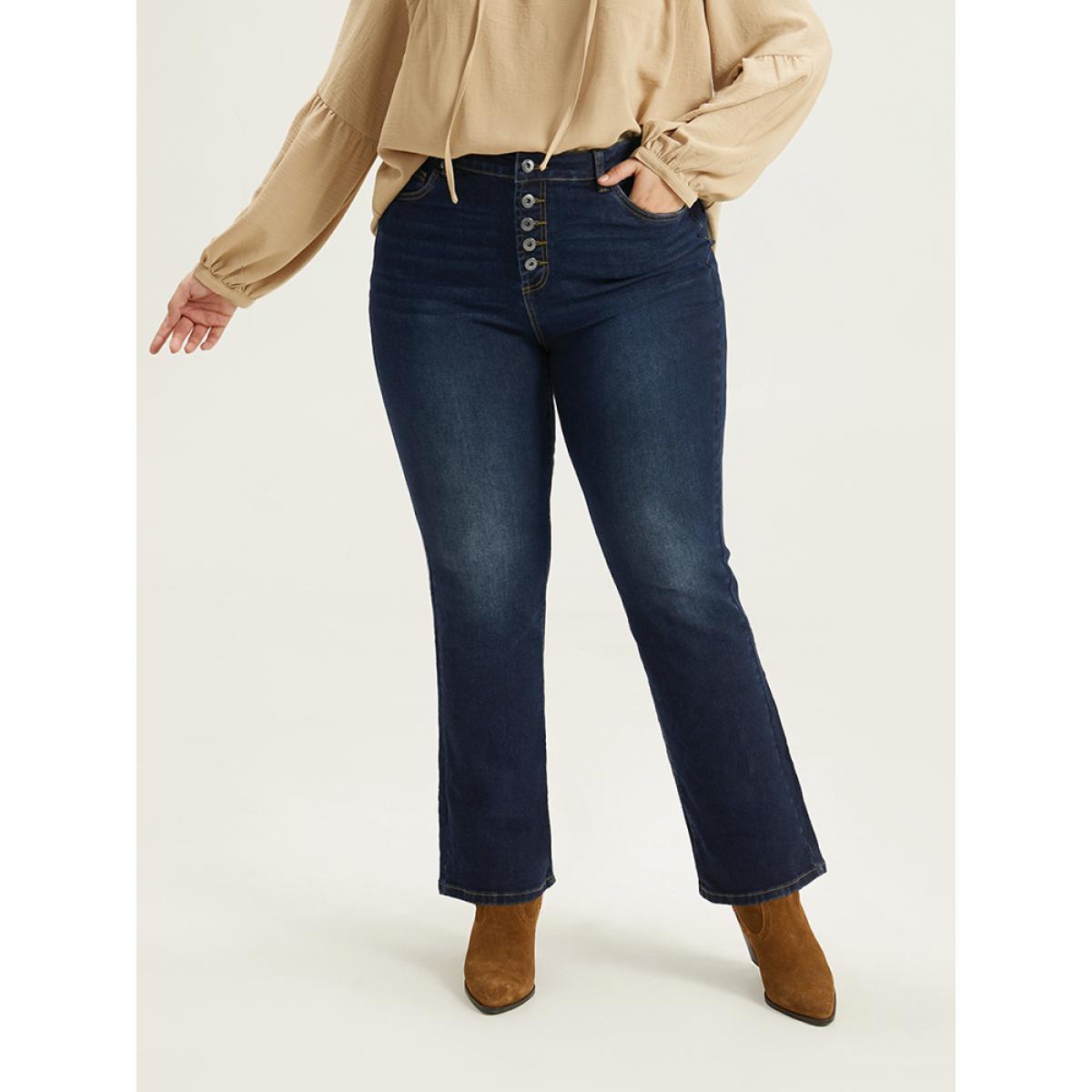 Plus Size Straight Leg Button Fly Pocket Jeans Women Indigo Casual Plain Plain High stretch Pocket Jeans BloomChic 30/6X Product Image