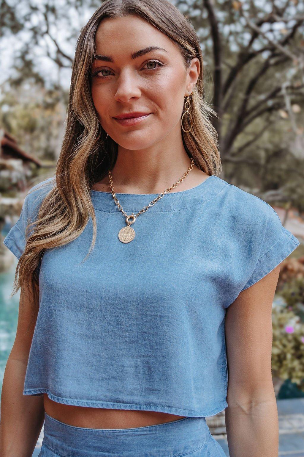 Chambray Cap Sleeve Boat Neck Top Product Image