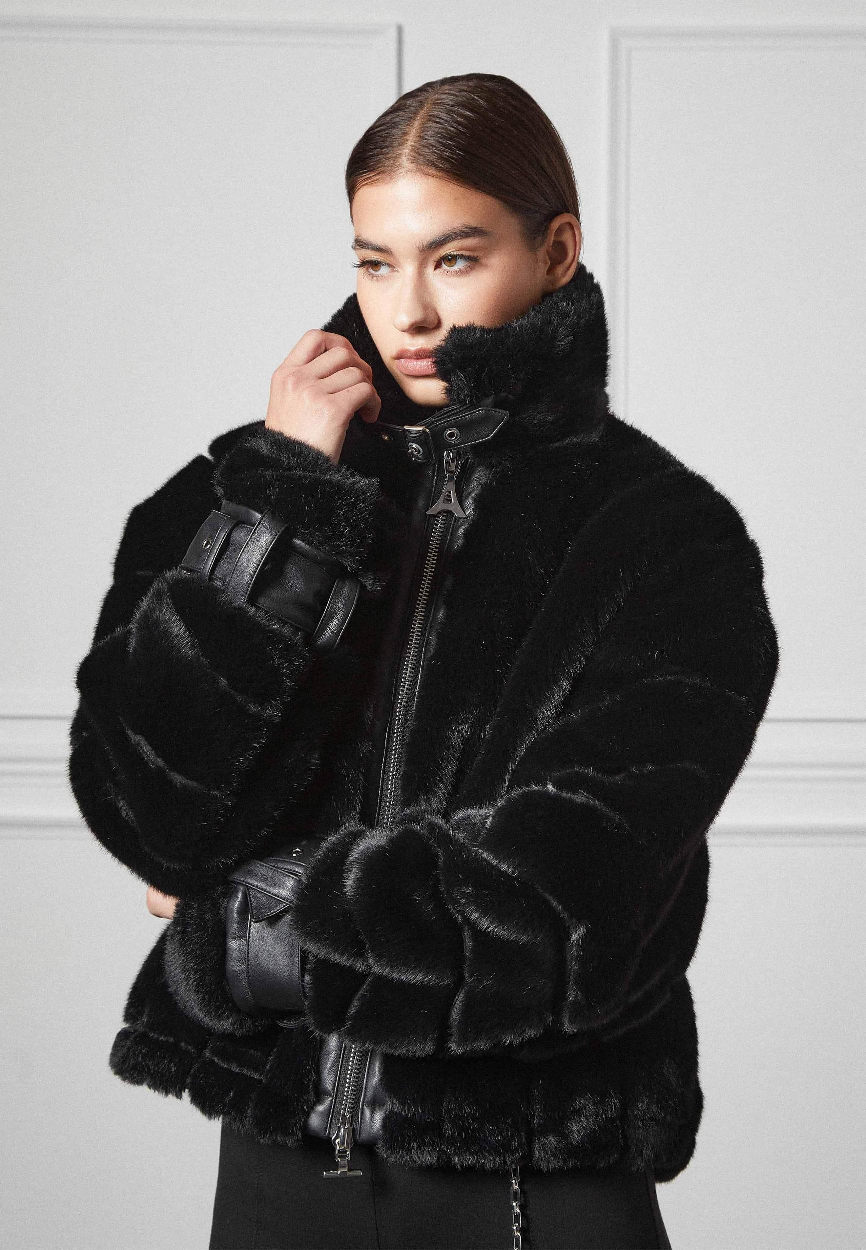 Oversized Ribbed Plush Jacket With Lapel - Black Female Product Image