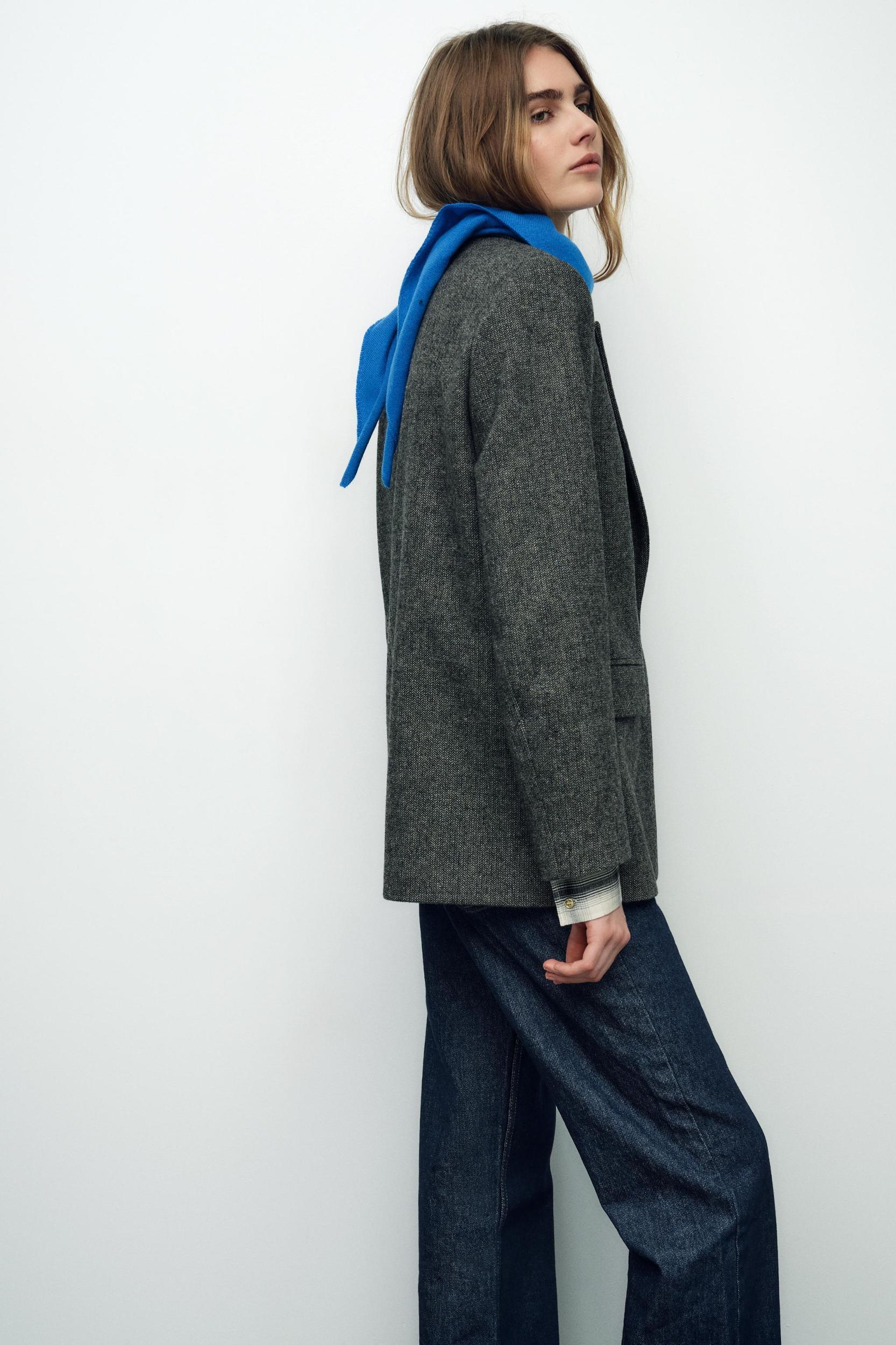 STRAIGHT CUT WOOL BLEND HERRINGBONE BLAZER Product Image