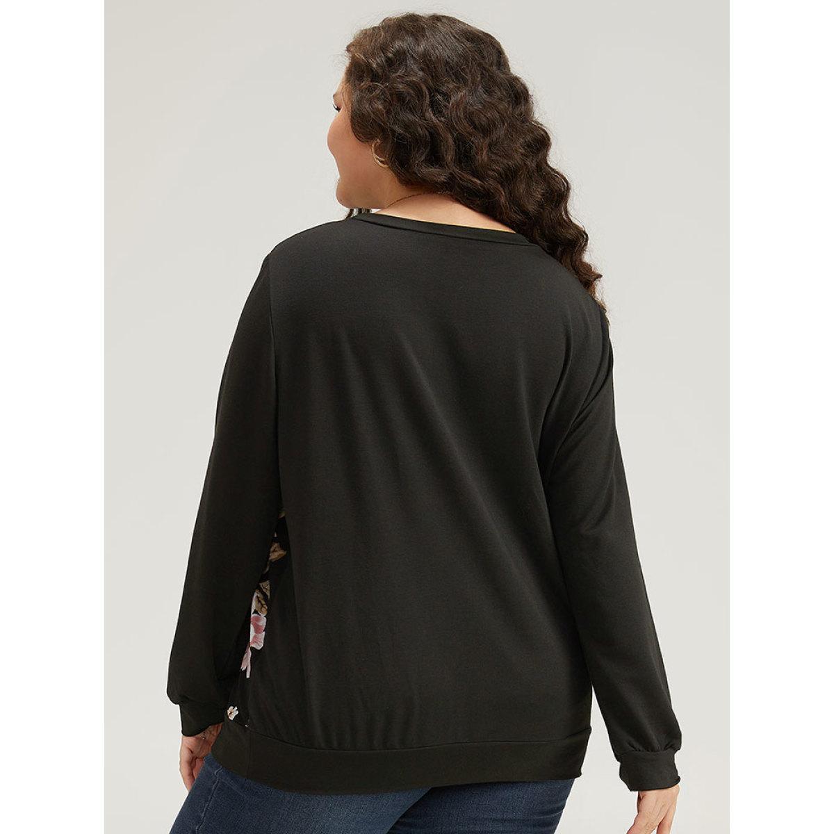 Plus Size Floral Print Patchwork Round Neck Sweatshirt Women Black Elegant Patchwork Round Neck Dailywear Sweatshirts BloomChic 22-24/3X Product Image