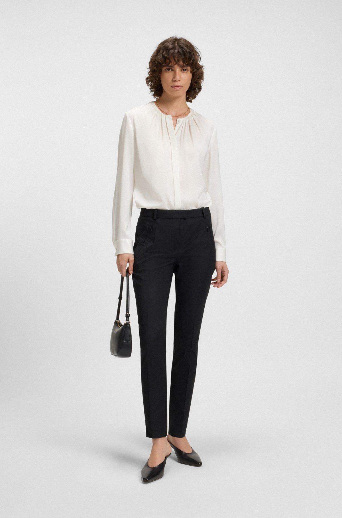 BOSS - Ruched-neck blouse in stretch-silk crepe de Chine - White Product Image