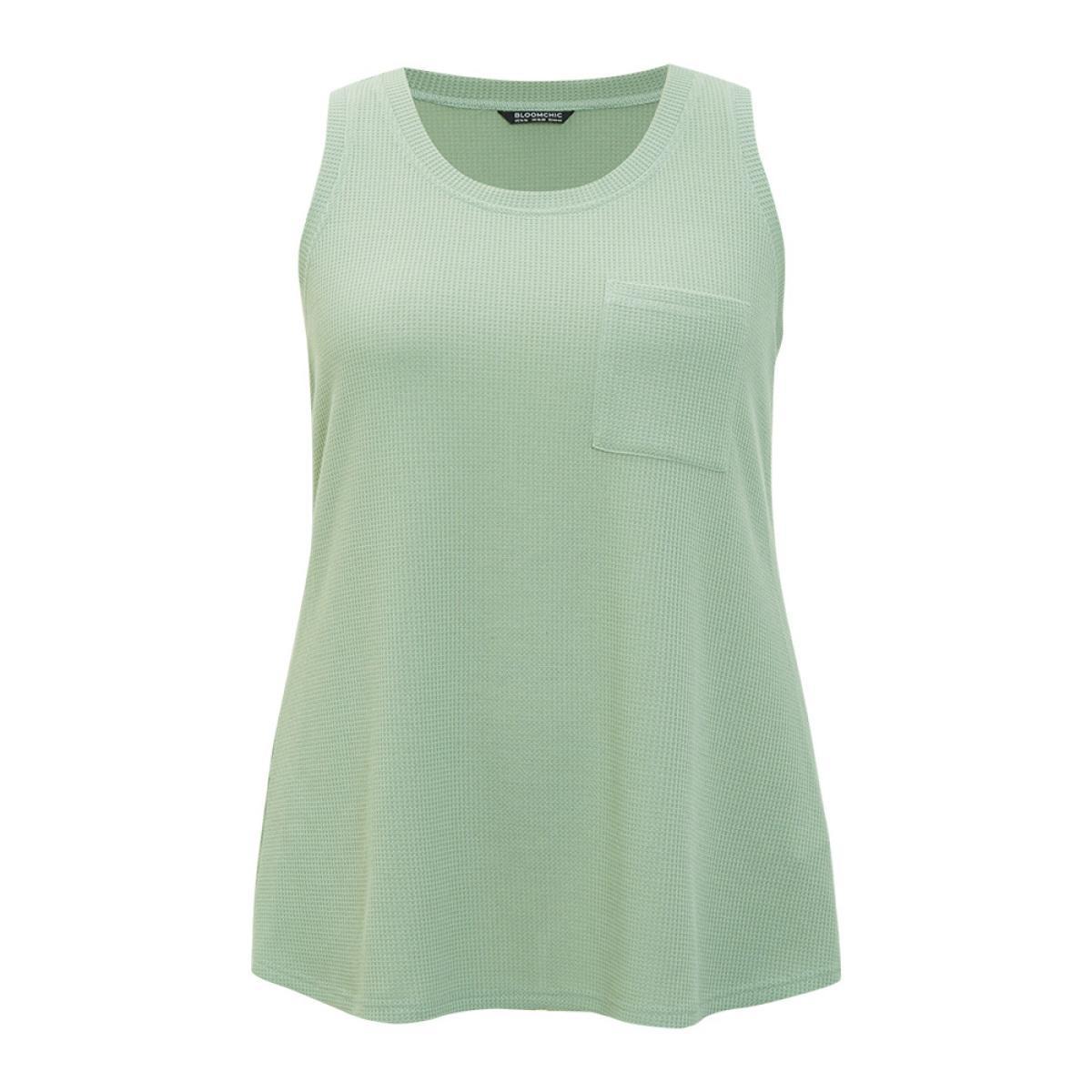 Plus Size Solid Patched Pocket Waffle Knit Tank Top Women Sage Casual Round Neck Dailywear Tank Tops Camis BloomChic 10/M Product Image