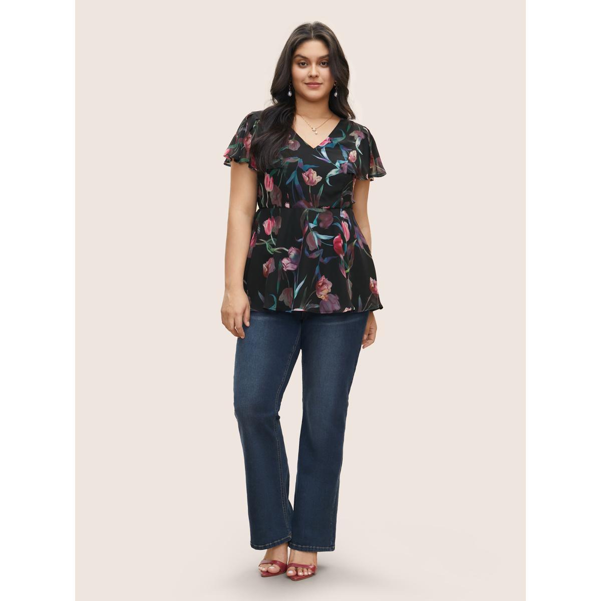 Plus Size Black Floral Mesh Ruffle Sleeve Elastic Waist Blouse Women Elegant Short sleeve V-neck Everyday Blouses BloomChic 10/M Product Image