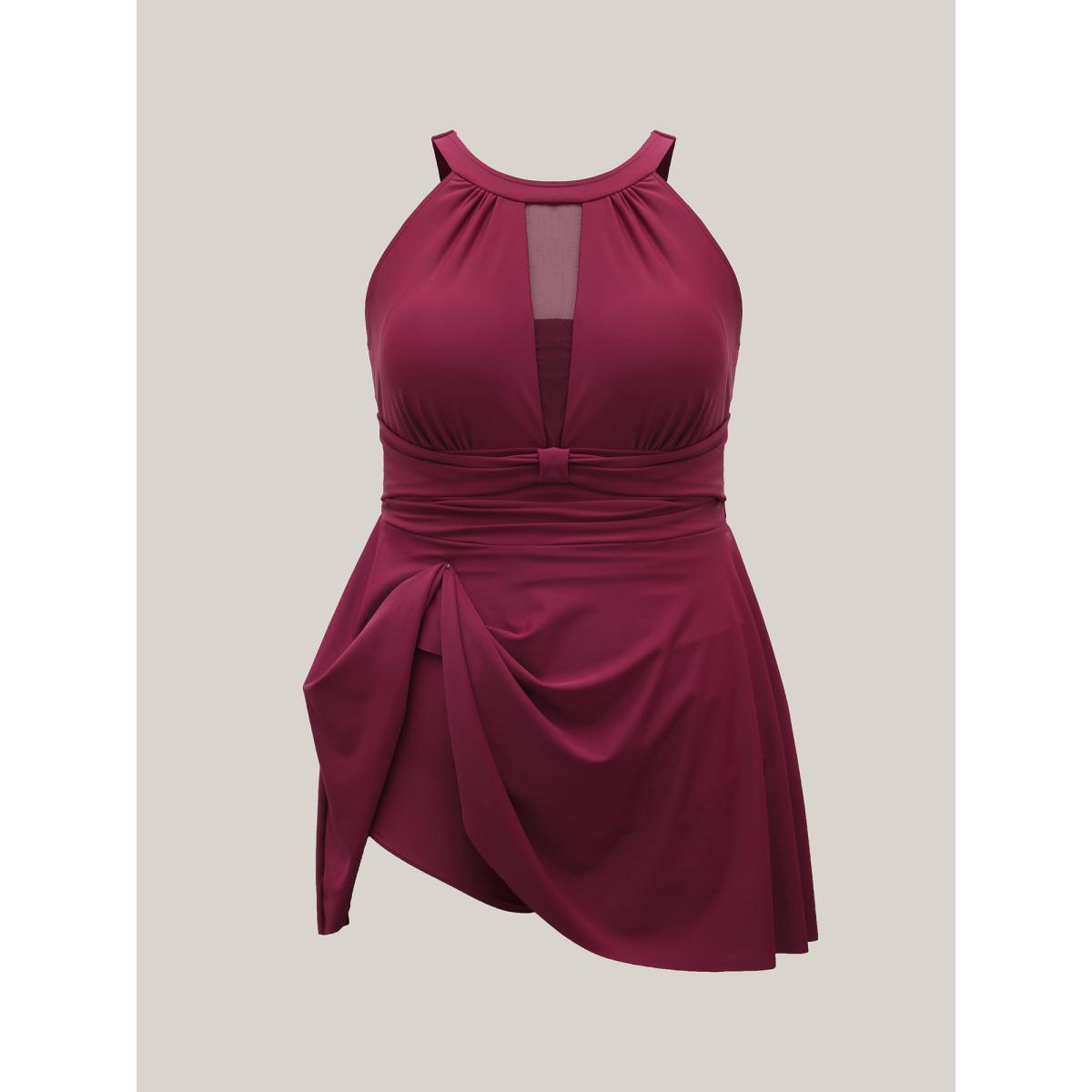 Plus Size Anti Float Tie Sheer Swim Dress Women's Swimwear Deeppurple Beach Bodycon Round Neck High stretch Curve Swim Dresses BloomChic 12/L Product Image