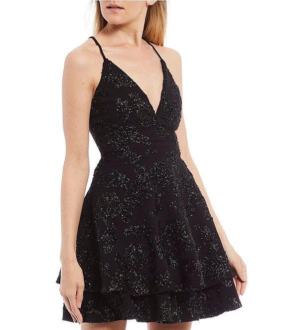 Honey and Rosie Spaghetti Strap Lace Bra-Back Eyelash Double Hem Fit & Flare Mini Dress Product Image