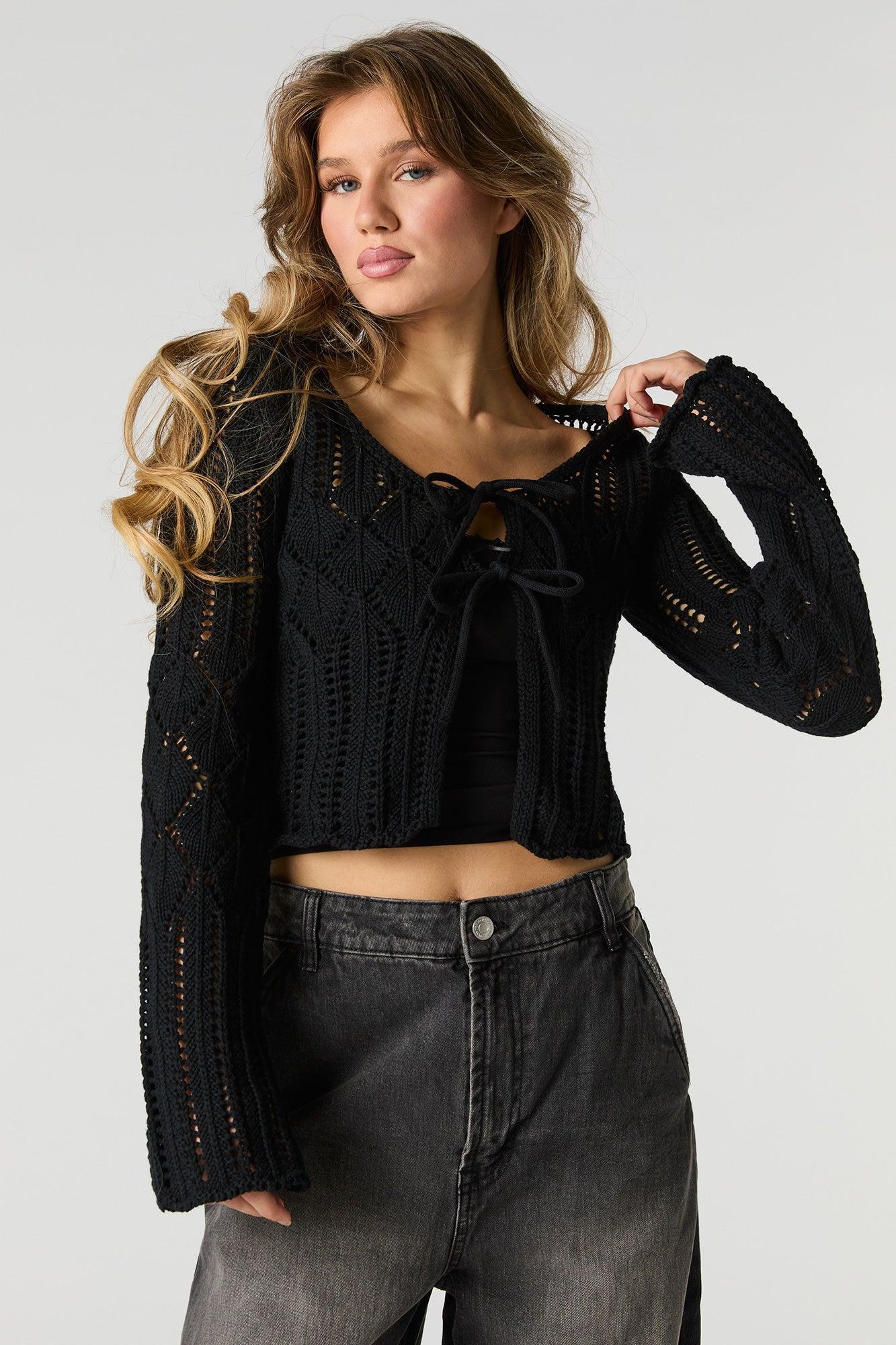 Open Knit Tie Front Flyaway Sweater Female Product Image