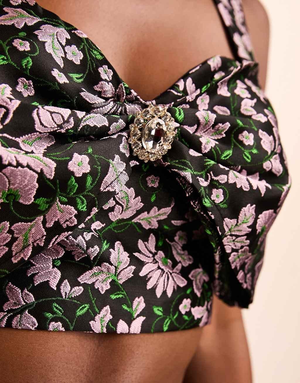 ASOS LUXE jacquard crop top with embellished bow Product Image