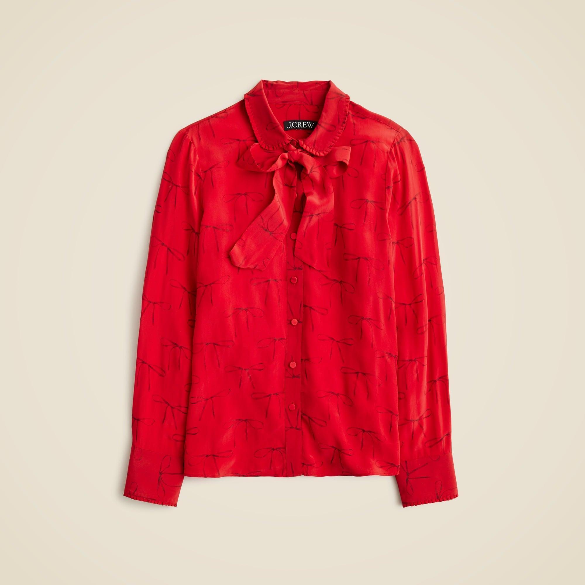 Removable tie-neck button-up shirt in bow-print crepe de chine Product Image