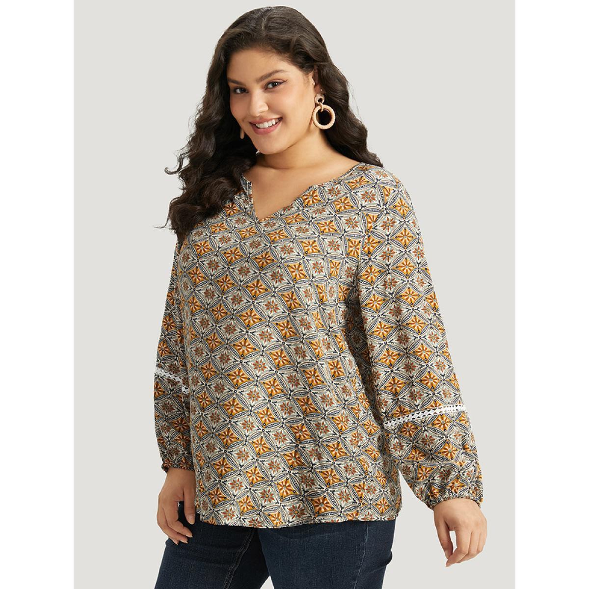 Plus Size Bronze Boho Print Notched Contrast Lace Blouse Women Vacation Long Sleeve Notched collar Dailywear Blouses BloomChic 22-24/3X Product Image