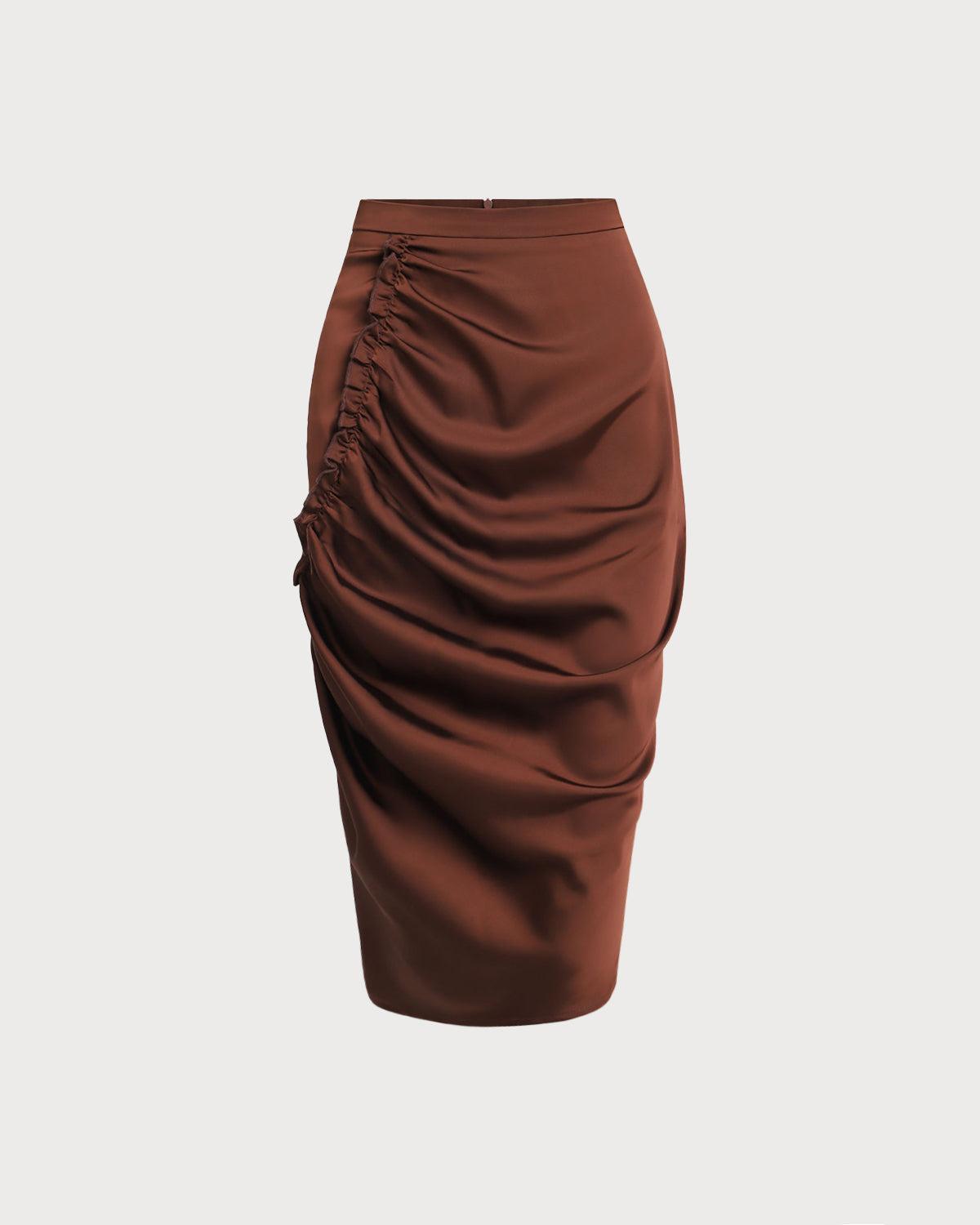 Coffee Ruched Pencil Midi Skirt Product Image