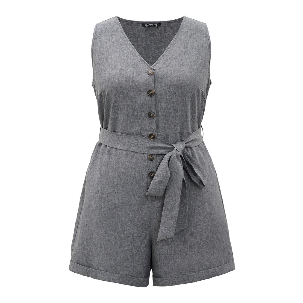 Plus Size DimGray Plain Belted Button Through Roll Hem Tank Jumpsuit Women Office Sleeveless V-neck Work Loose Jumpsuits BloomChic 18-20/2X Product Image