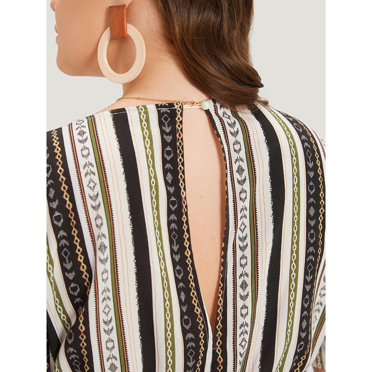 Plus Size Multicolor Boho Print Shirred Cut Out Tassel Trim Romper Women Elegant Short sleeve V-neck Dailywear Loose Jumpsuits BloomChic 28/5X Product Image