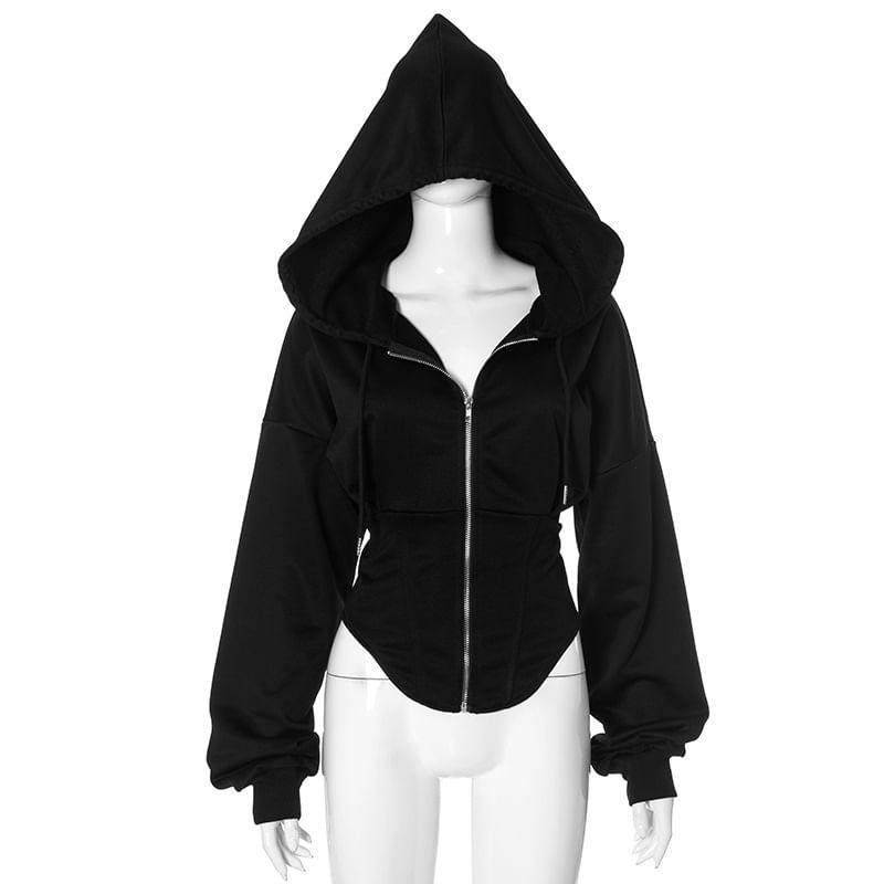 Plain Zip-Up Crop Hoodie Product Image