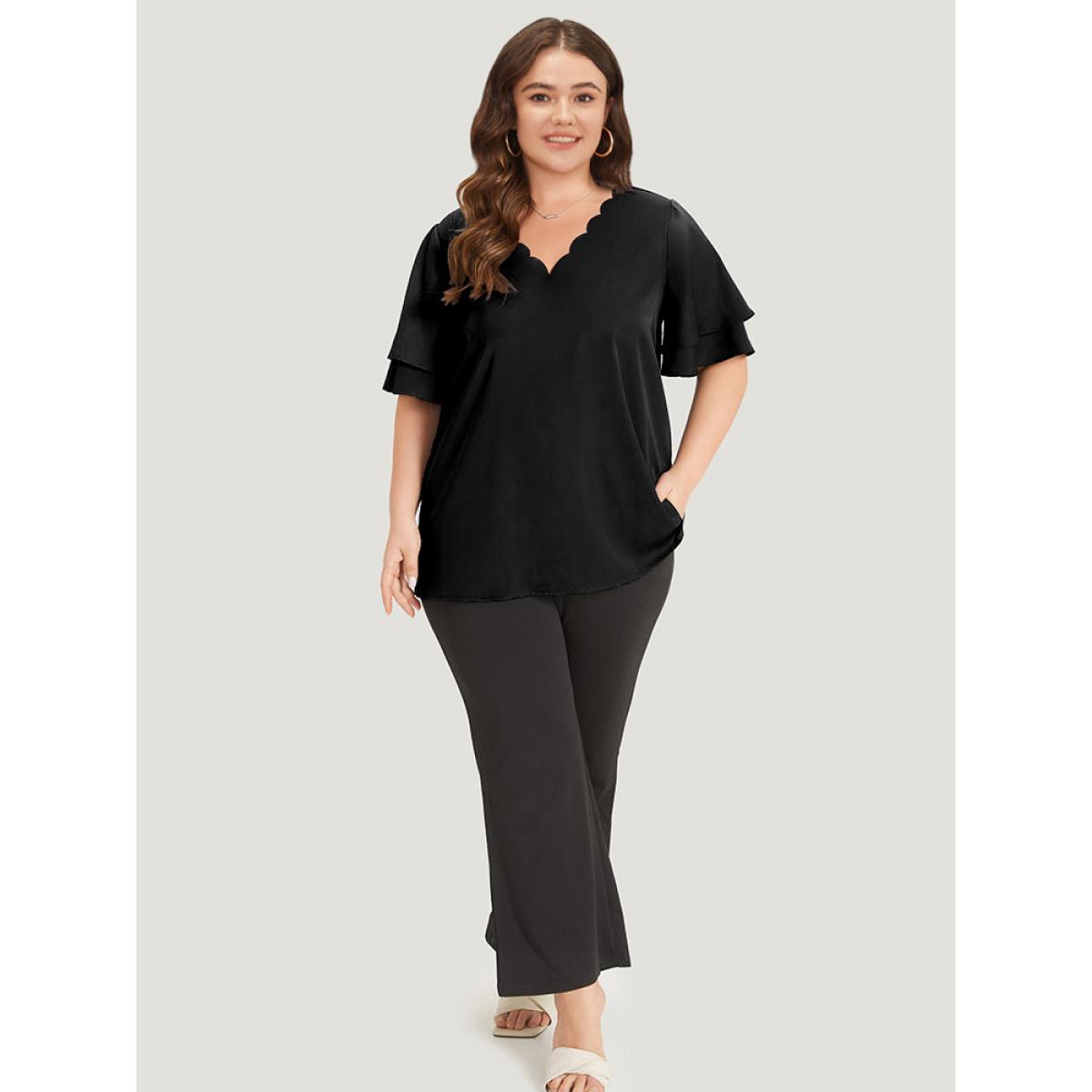 Plus Size Black Plain Curved Trim Flutter Sleeve Layered Blouse Women Office Short sleeve V-neck Work Blouses BloomChic 22-24/3X Product Image