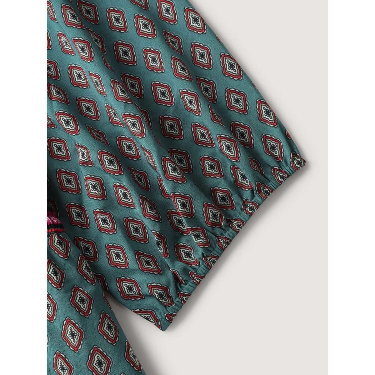 Plus Size Paisley Print Shirred Bodice Midi Dress Teal Women Square Neck Elbow-length sleeve Curvy BloomChic 18-20/2X Product Image