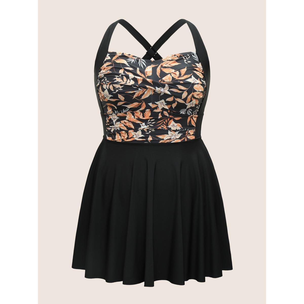 Plus Size Tropical Graphic Crossover Ruffle Hem Swim Dress Women's Swimwear Black Beach Bodycon Heart neckline High stretch Curve Swim Dresses BloomChic 18-20/2X Product Image